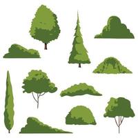 Cartoon tree. Simple flat forest flora, coniferous and deciduous meadow trees, oak pine Christmas tree isolated plants. Vector set illustration agricultural garden and nature park plant