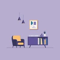Interior of a bright living room with armchair, desk, lamp, painting, on purple background. vector