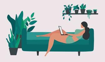 Work from home concept, woman using laptop on sofa at home vector illsutration