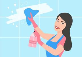 Woman wiping house wall with alcohol spray to protect COVID-19 from coronavirus disease outbreak, vector illustration. New normal cleaning and sanitizing concept