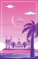 Eid Mubarak Greeting Card Mosque Night Sky Vector Design Template