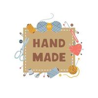 Trendy square kraft paper label or sticker with tools for hand made products isolated on white background. Vector organic simple illustration