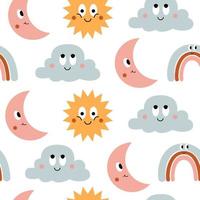 Colorful seamless pattern of funny cartoon icons sun, cloud, moon and rainbow isolated on white background. Cute vector characters illustration