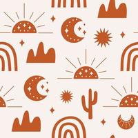 Modern hand drawn seamless pattern with boho elements, mystery symbols in terracotta colors. Bohemian vector ilustration.