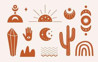 Modern hand drawn set boho elements with mystery symbols in terracotta colors. Bohemian vector ilustration. All objects are isolated