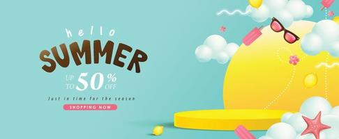 Banner de venta de verano con forma cilíndrica de exhibición de productos. vector