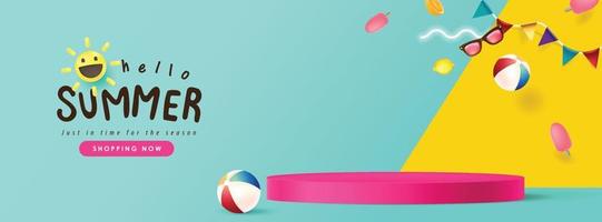 banner de venta de verano con vibraciones de playa decoradas y exhibición de productos de forma cilíndrica vector