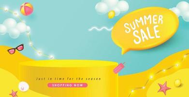 Summer sale banner with product display cylindrical shape vector