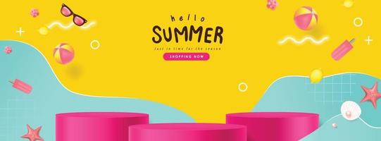 Summer sale banner with beach vibes decorate and product display cylindrical shape vector