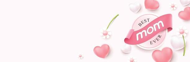diseño de fondo de banner de feliz día de la madre globos en forma de corazón y flor con espacio de copia