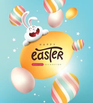 Easter greeting card background with cute rabbit and easter eggs falling. vector
