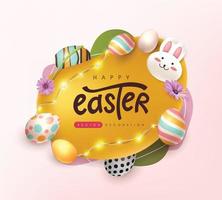 Easter greeting card background with cute rabbit and Easter eggs vector