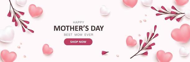 diseño de fondo de banner de venta de promoción del día de la madre con globos y flores en forma de corazón vector