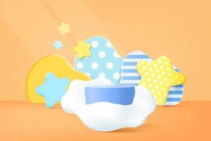 Stage podium decor with cloud shape. 3d pedestal freeform scene or platform for product stand. Vector illustration.