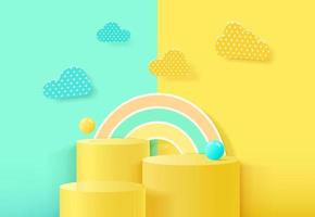 Stand and display colorful pastel clouds and rainbow. 3D rendering. A scene for advertising, Minimalist mockup for podium display or showcase. vector