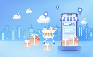 Background for website or mobile app. Online shopping with 3d smartphone on blue background vector