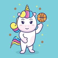 lindo unicornio jugando baloncesto, adecuado para libros infantiles, tarjetas de cumpleaños, día de san valentín, pegatinas, portadas de libros, tarjetas de felicitación, impresión. vector