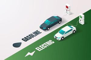 Electric vehicle charging station vs gasoline car service station. vector