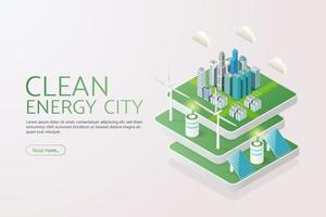 ciudad verde genera electricidad con paneles solares. energía solar y turbinas eólicas energía limpia