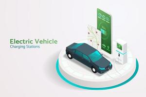 encuentre una estación de carga ev, cargue el automóvil con la aplicación a través de un teléfono inteligente. vector