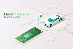 Charging station for electric vehicles charging car via app  smartphone. vector