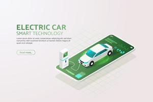 EV car Charge the battery at charging station via mobile application. vector