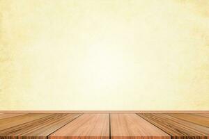 Empty of wooden floor on light yellow pastel color background. For your product display or design. photo