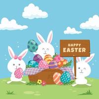 Happy Easter Rabbits Collecting Eggs for Easter Celebration vector