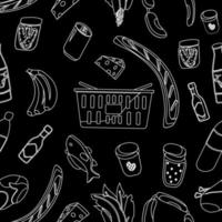 A black and white pattern of common items and everyday products that we get when we shop at the supermarket outline vector