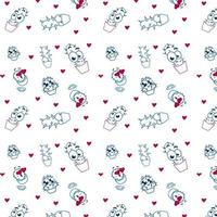 Seamless Cactus Pattern with Hearts. Pattern with cactus. Potted cacti. Vector background. Cute cartoon cactus pattern.