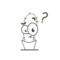 Linear cute bewildered Cactus with a frozen face. A disgruntled surprised cartoon cactus. Thin linear icon. Vector isolated outline illustration. Question