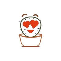 Linear cute cactus in love with a frozen face. Cartoon cactus with heart eyes. Thin linear icon. Vector isolated outline illustration