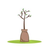 Tree seedling in a bag, isolated on a white background. Spring planting concept. Plant for planting vector illustration