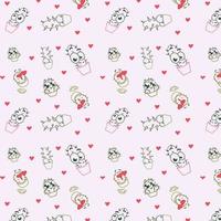 Seamless cactus pattern with hearts. Pattern with cactus on pink background. Potted cacti. Vector background. Cute cartoon cactus pattern.