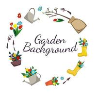 Round frame gardening tools seedling watering can with flowers rubber boots with flowers vector illustration