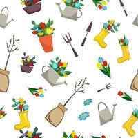 Pattern garden tools seedling watering can with flowers pot with flowers Vector illustration
