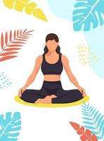 girl sitting in the lotus position. illustration of characters in flat style. the concept of yoga, relaxation, self-awareness. vector
