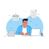 online learning vector illustration. the guy gets an education at home using a laptop.