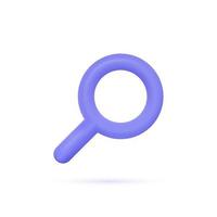 Icono de lupa 3d en estilo de dibujos animados minimalista. púrpura es una herramienta óptica para encontrar detalles y leer letra pequeña.