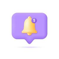 3d Notification bell icon.Yellow bell with one new notification for social media reminder. vector