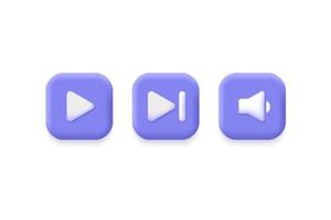 3d music player buttons in a minimalistic cartoon style. icon play, volume, go to end, next. vector