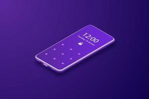 smartphone with security lock screen. mobile phone isolated on purple background. vector