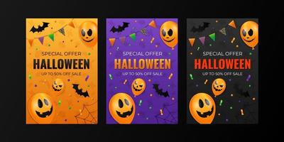 Promotional banner or poster for Halloween sale with scary balloons and paper bats. vector