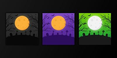 set of spooky backgrounds in different colors with silhouette of a graveyard, trees and bats. vector