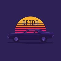 American muscle car on the background of a striped retro sun wave.Vector illustration in the style of the 80s.