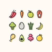 set of linear icons of vegetables, meat and fruits for a healthy diet. vector