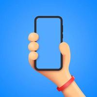3d hand of a person or character with a bracelet holds a phone. smartphone mockup. vector 3d illustration isolated on blue background.