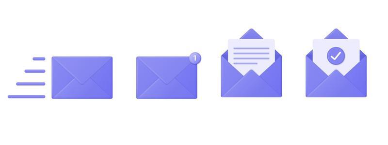 3d icons of a purple mail envelope with a new message marker. Email notification with a checkmark.