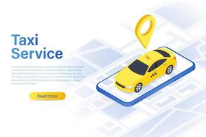 plantilla para sitio web o aplicación móvil de servicio de taxi. coche amarillo. concepto de página de inicio. Ilustración de vector de maqueta de diseño de interfaz de usuario aislado sobre fondo blanco.