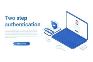 Landing page. Two-step vector illustration of authentication, smartphone and computer login security